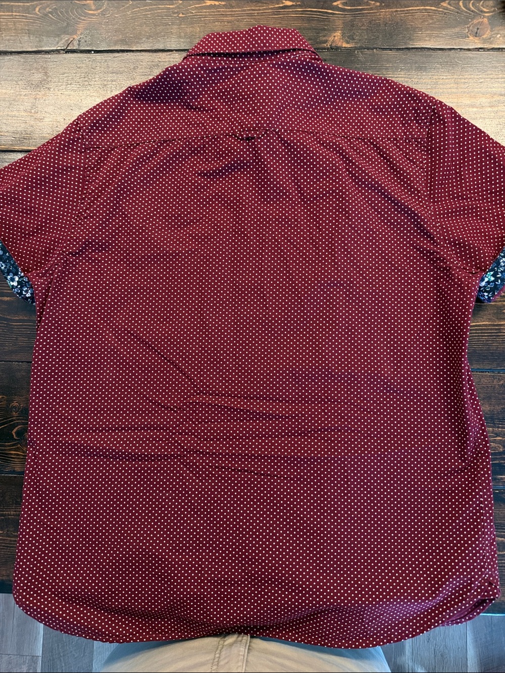 Denim & Flower Burgundy Short Sleeve Button-Down with Micro Dot Detail - Picture 2 of 4